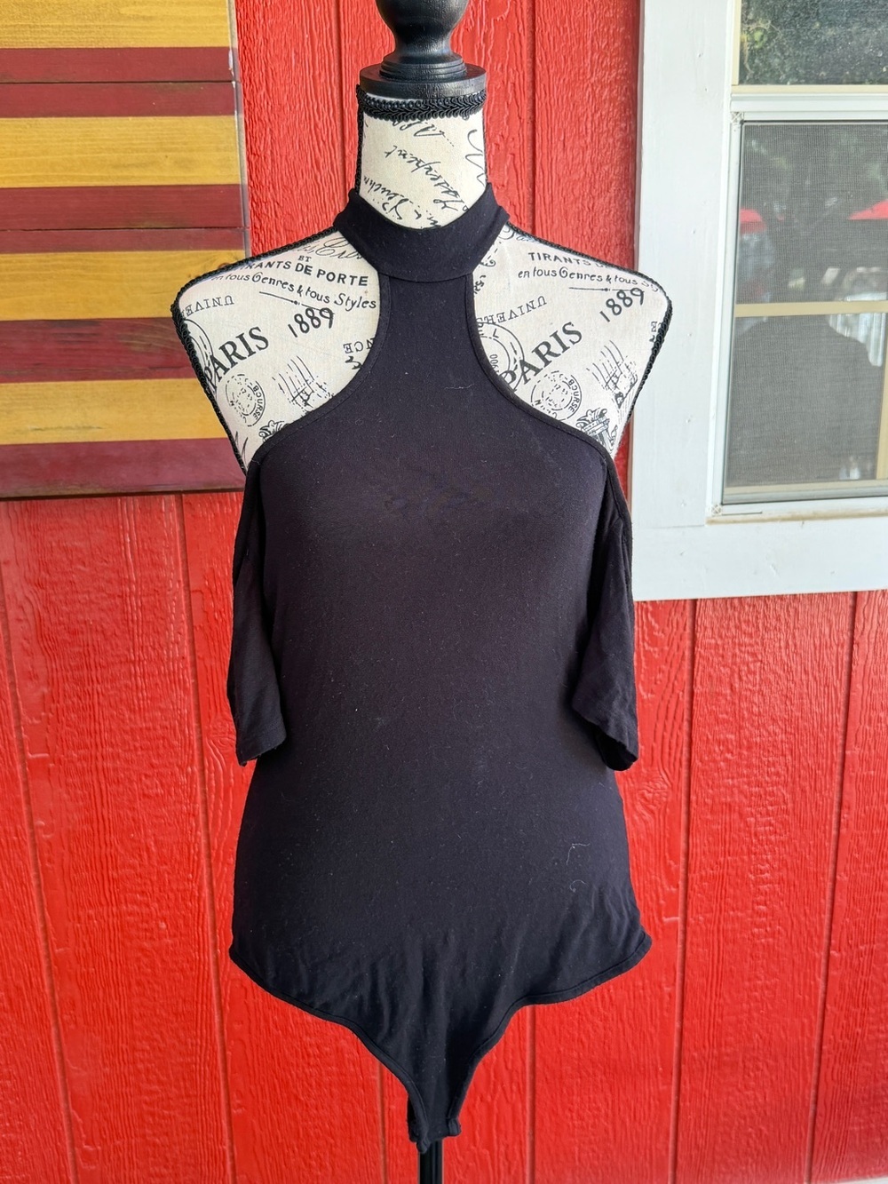 Haute Monde Black Cold-Shoulder Halter Neck Bodysuit - Picture 2 of 5